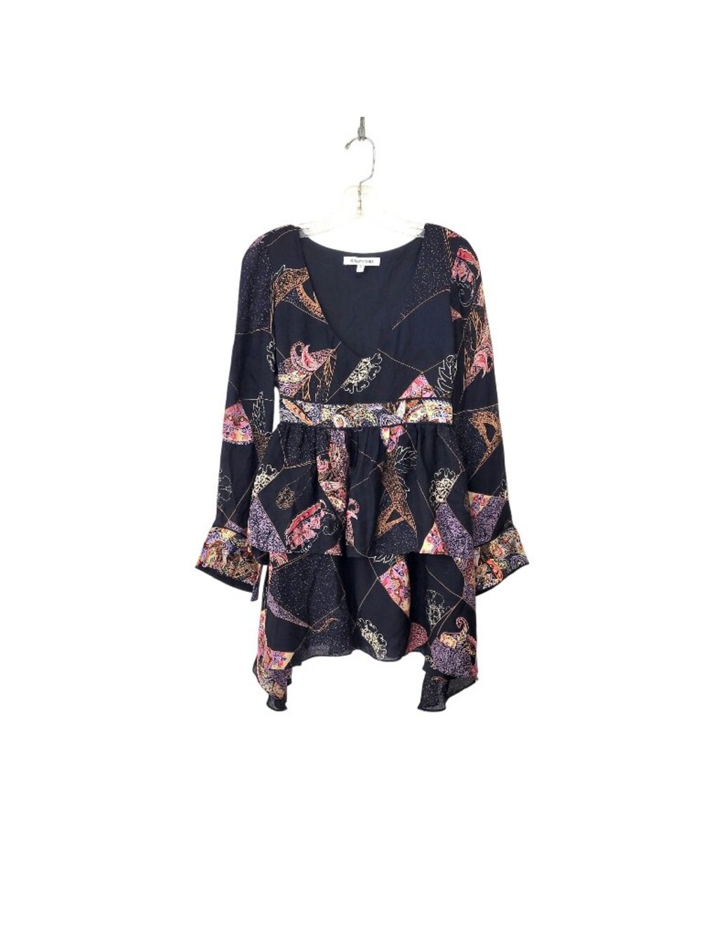 Elizabeth & James Black Silk Printed Long Sleeve Tiered Dress Size 2